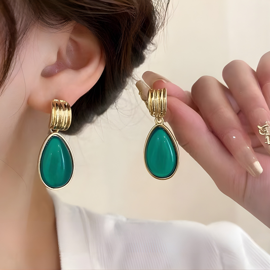 Gold Green Teardrop Stone Earrings