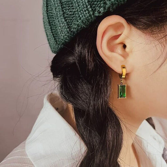 Green Stone Drop Hoop Earrings