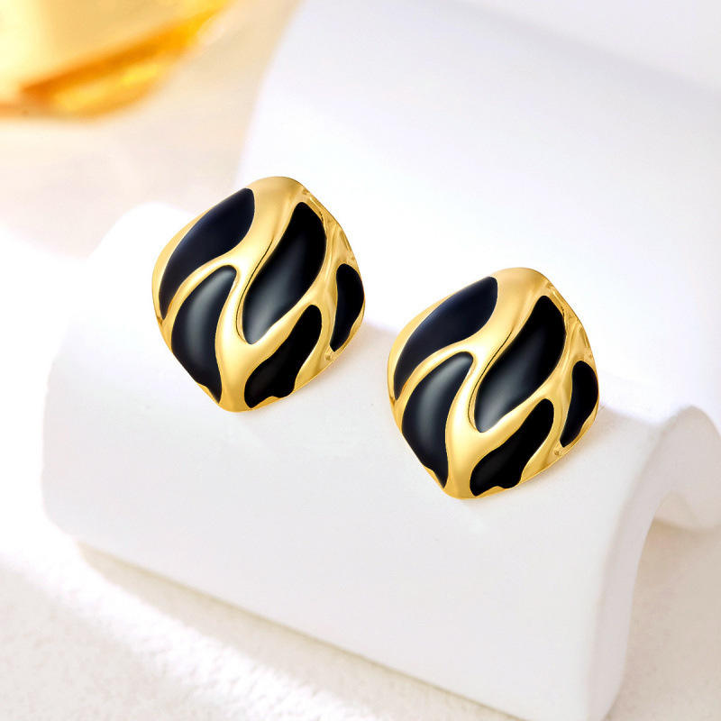 Black Enamel Gold Statement Stud Earrings