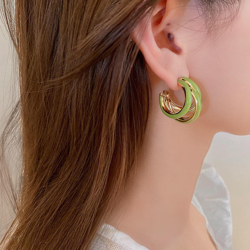 Green Triple Hoop Statement Earrings