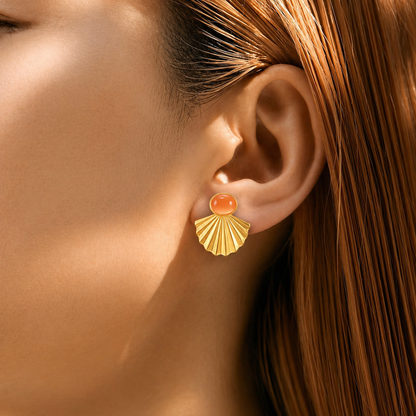 Gold Shell Statement Earrings with Orange Stone