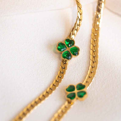 Gold Green Clover Snake Chain Bracelet