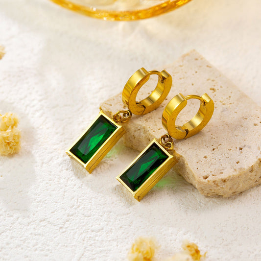 Green Stone Drop Hoop Earrings