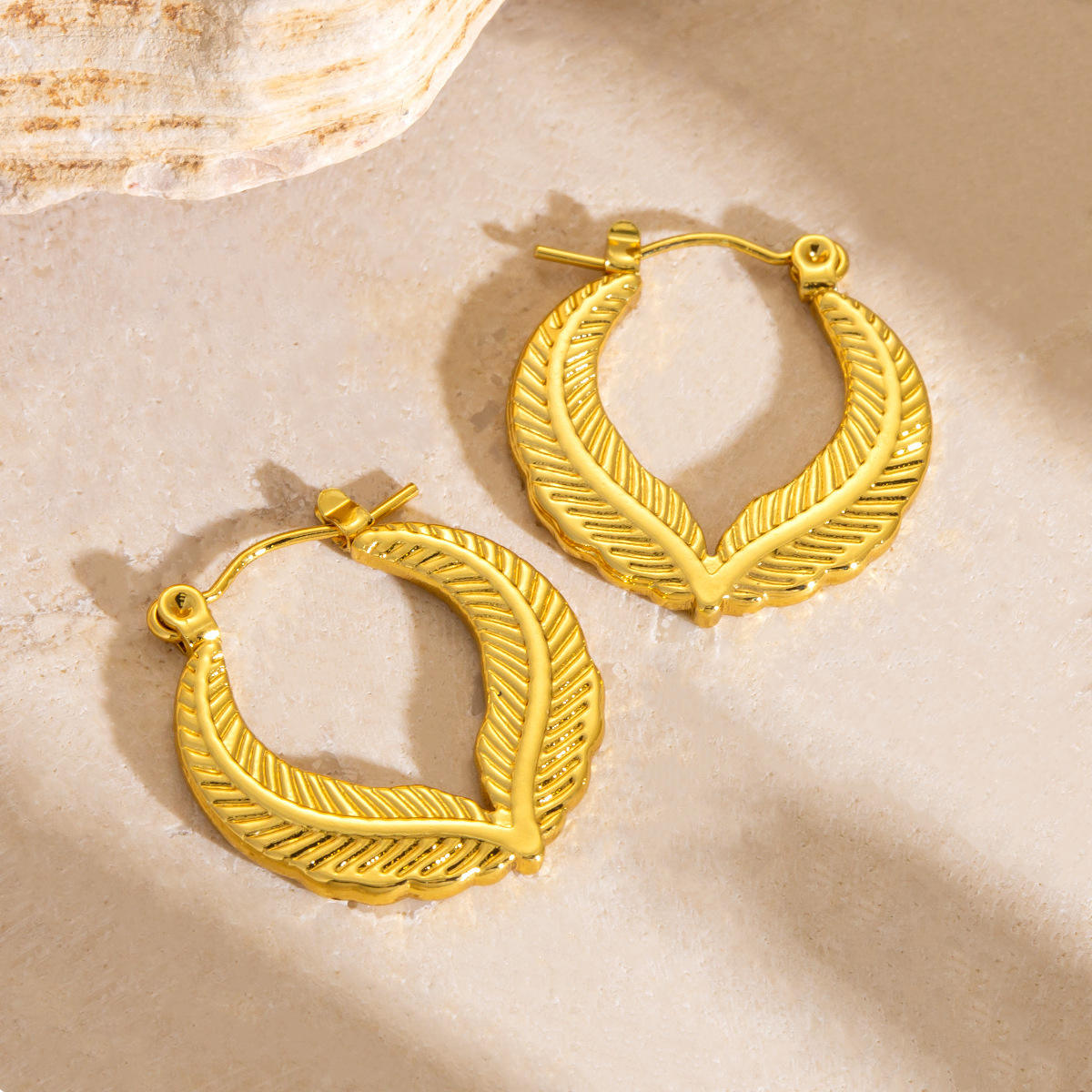 Textured Leaf Gold Hoop Earrings