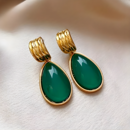 Gold Green Teardrop Stone Earrings