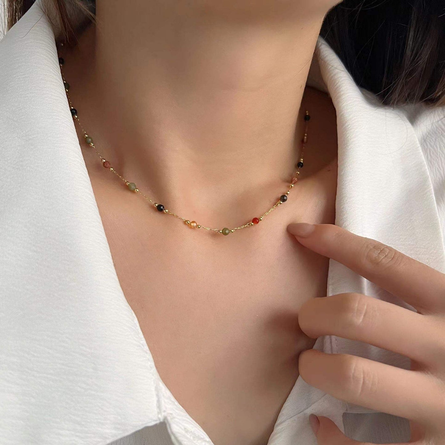Gold Multi Color Beaded Chain Necklace