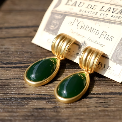 Gold Green Teardrop Stone Earrings