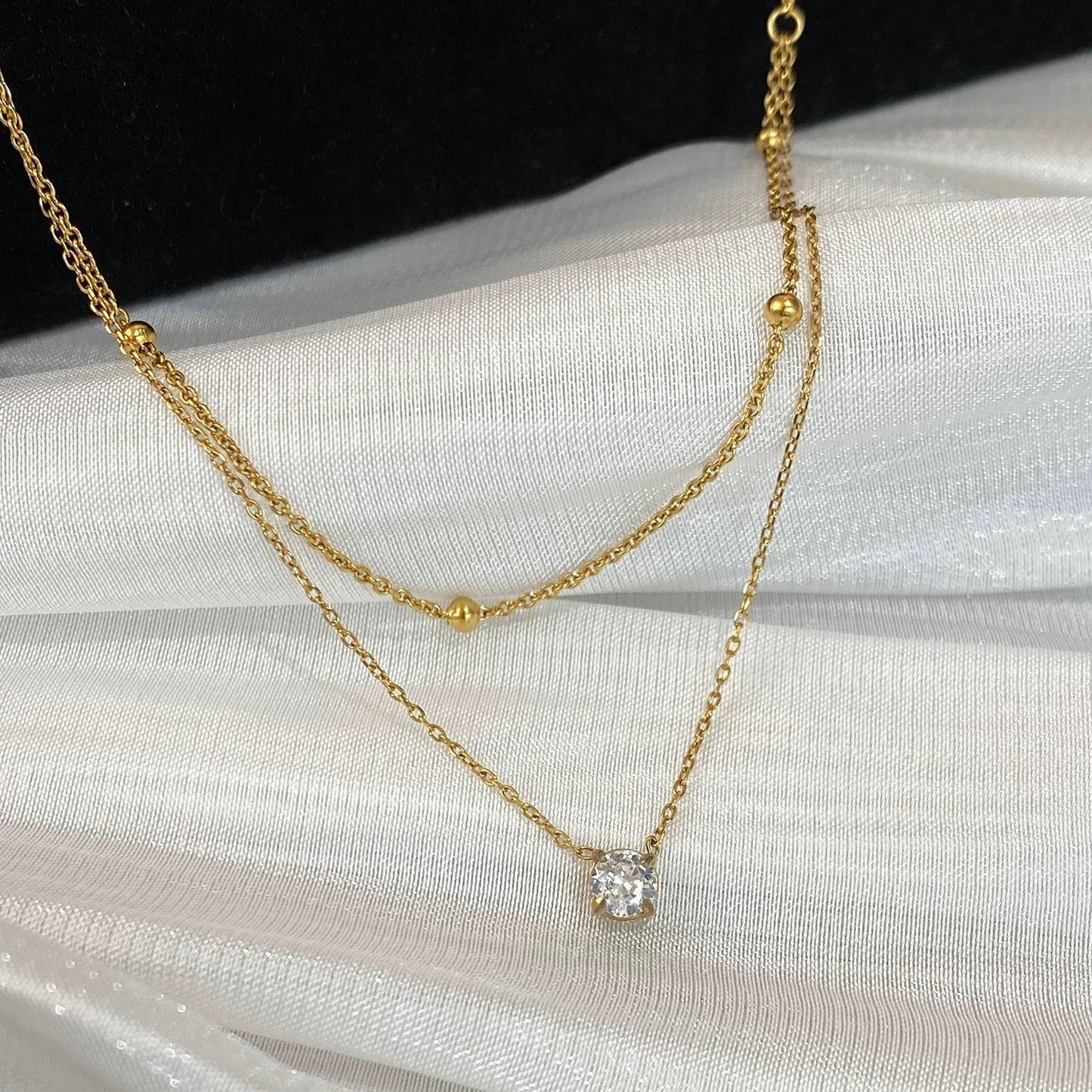 Layered Gold Bead Clover Pendant Necklace