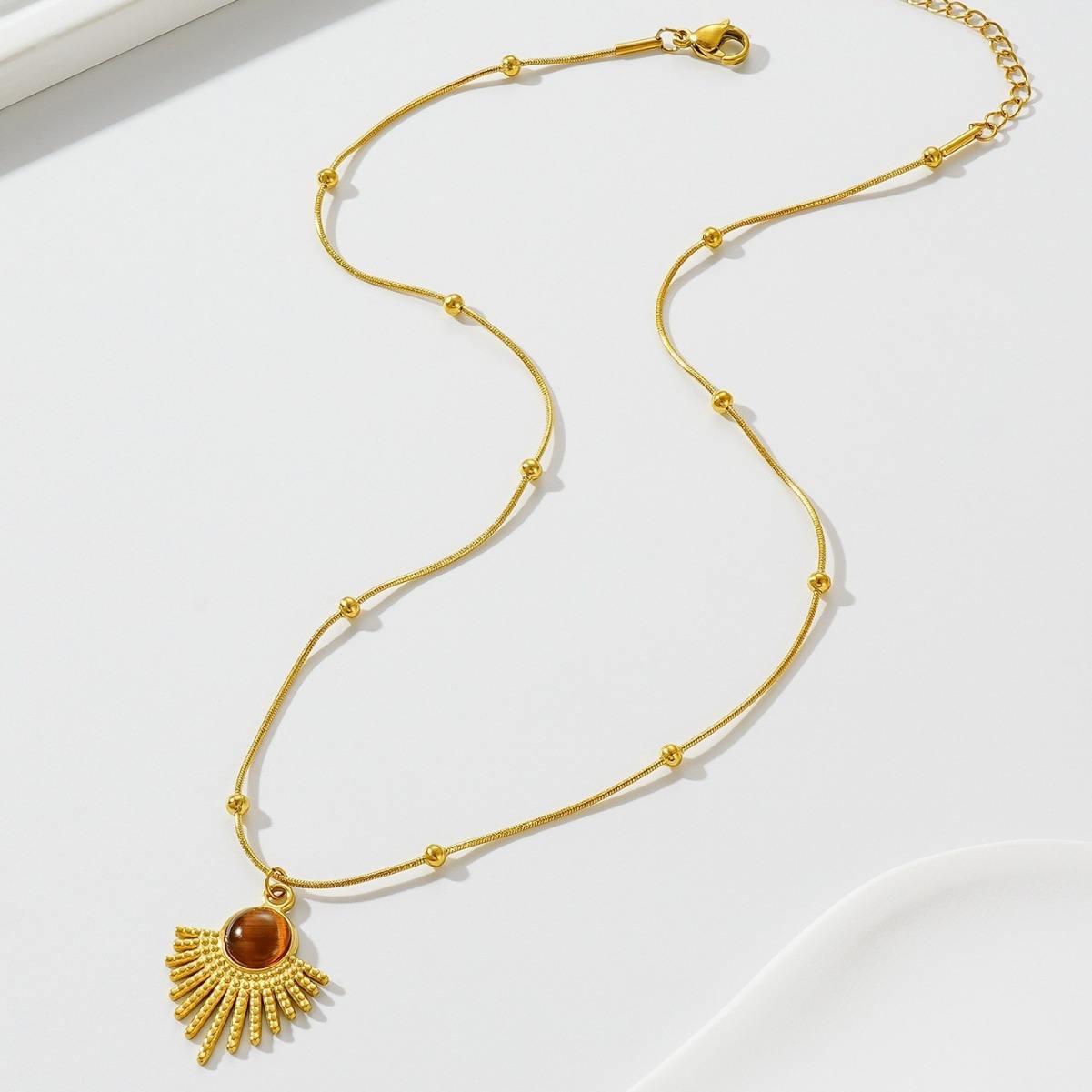 Gold Sunburst Stone Pendant Necklace