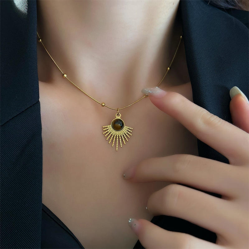 Gold Sunburst Stone Pendant Necklace
