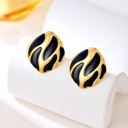 Black Enamel Gold Statement Stud Earrings