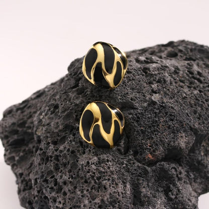 Black Enamel Gold Statement Stud Earrings