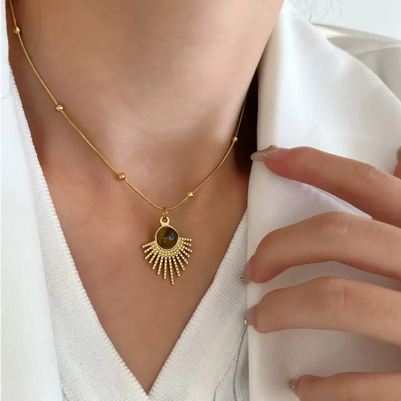 Gold Sunburst Stone Pendant Necklace