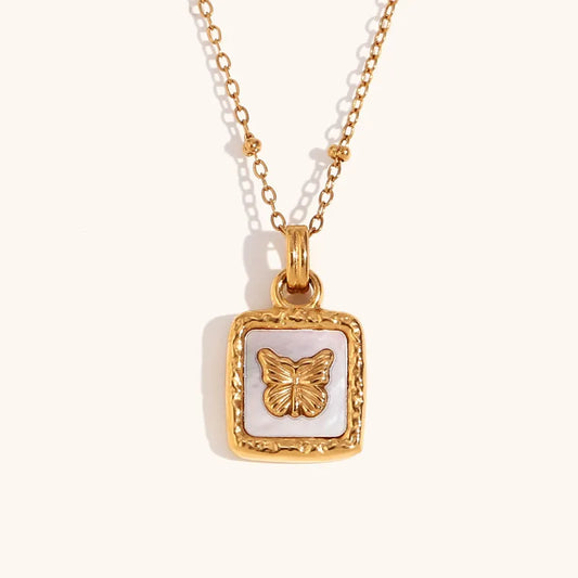 Butterfly Studded In Shell Square Necklace - BlingVows - Best Imitation & Anti Tarnish Jewelry Wholesaler