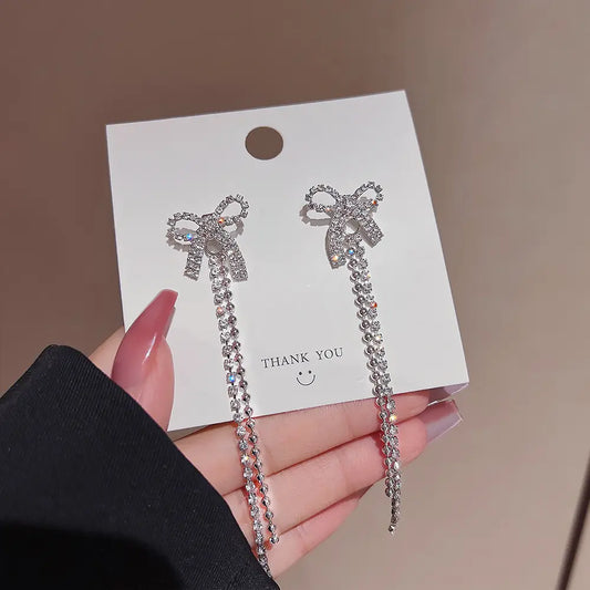 Crystal Bow Tassel Earrings - BlingVows - Best Imitation & Anti Tarnish Jewelry Wholesaler