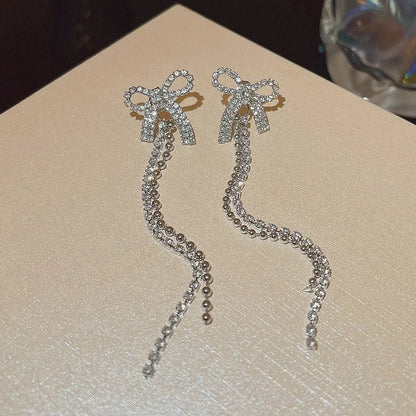 Crystal Bow Tassel Earrings - BlingVows - Best Imitation & Anti Tarnish Jewelry Wholesaler