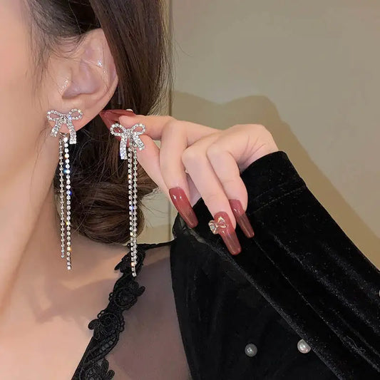 Crystal Bow Tassel Earrings - BlingVows - Best Imitation & Anti Tarnish Jewelry Wholesaler