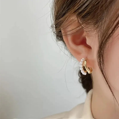 Elegant Dual Layer C Shape Pearl Hoop Earrings - BlingVows - Best Imitation & Anti Tarnish Jewelry Wholesaler