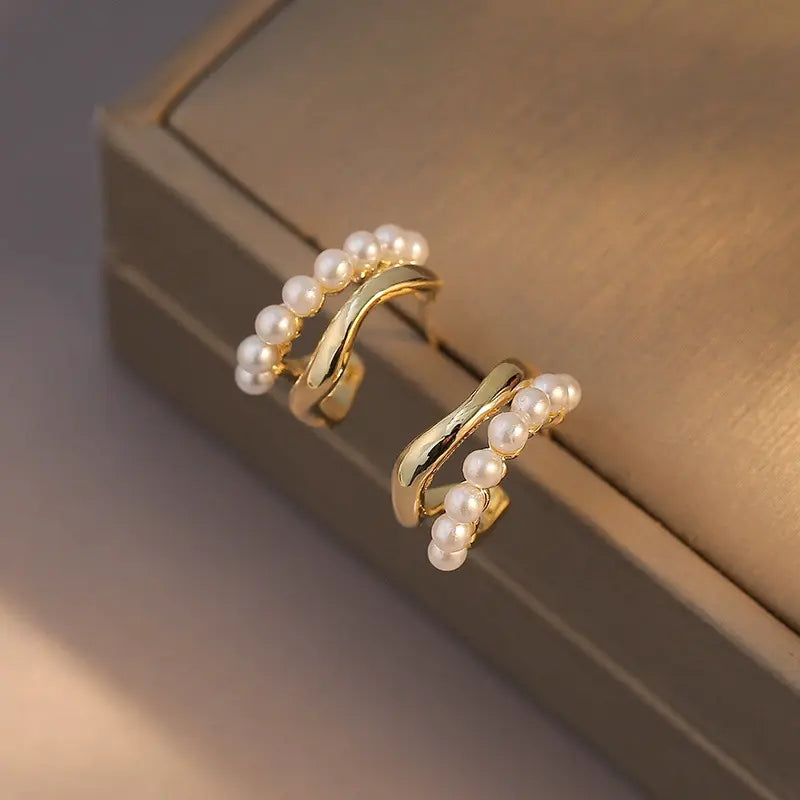 Elegant Dual Layer C Shape Pearl Hoop Earrings - BlingVows - Best Imitation & Anti Tarnish Jewelry Wholesaler