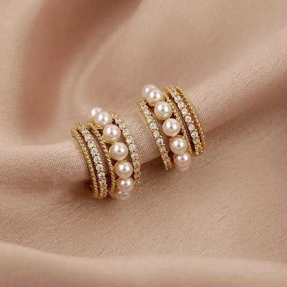 Triple Layer Pearl & CZ Statement Hoop Earrings - BlingVows - Best Imitation & Anti Tarnish Jewelry Wholesaler